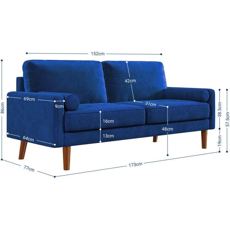 Mavi Kadife Kıvrımlı Kollu Üçlü Koltuk - 173x77x86 cm - 152268