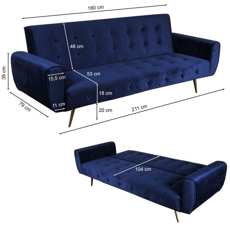 Mavi Kadife Kumaş Cepli Yataklı 3 Kişilik Koltuk - 210 cm - 152905
