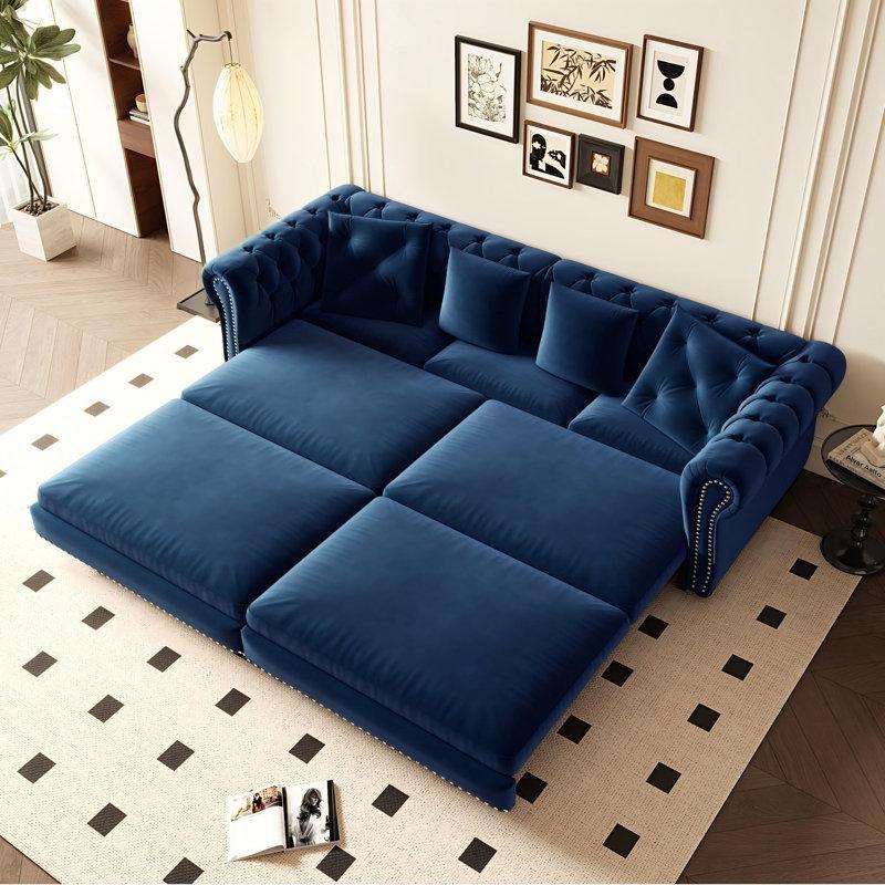 Mavi Kadife Yataklı Chester Kapitoneli Zımba Detaylı Koltuk - 227 cm - 151801