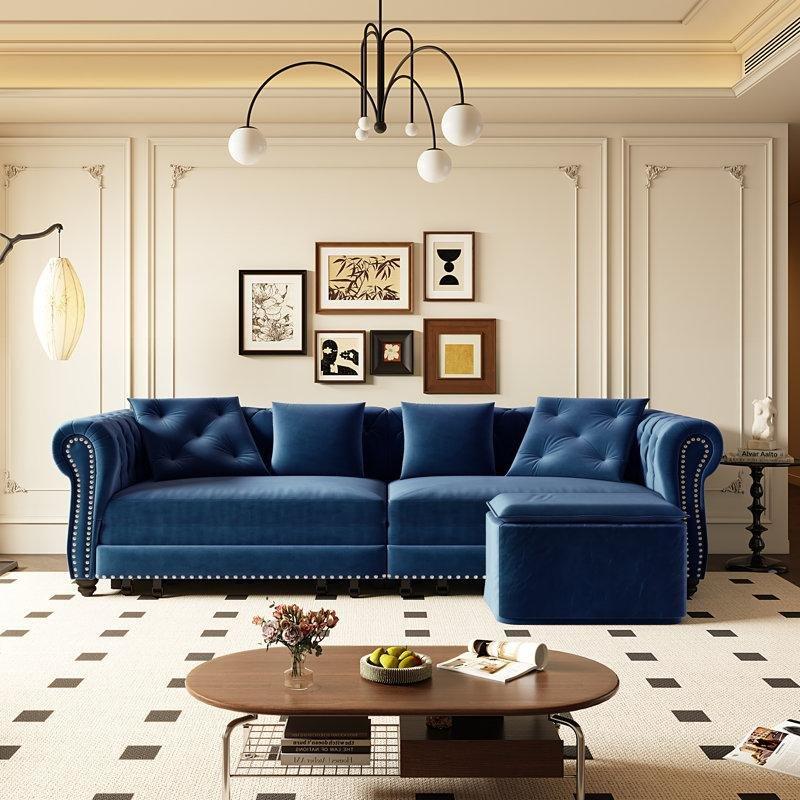 Mavi Kadife Yataklı Chester Kapitoneli Zımba Detaylı Koltuk - 227 cm - 151801