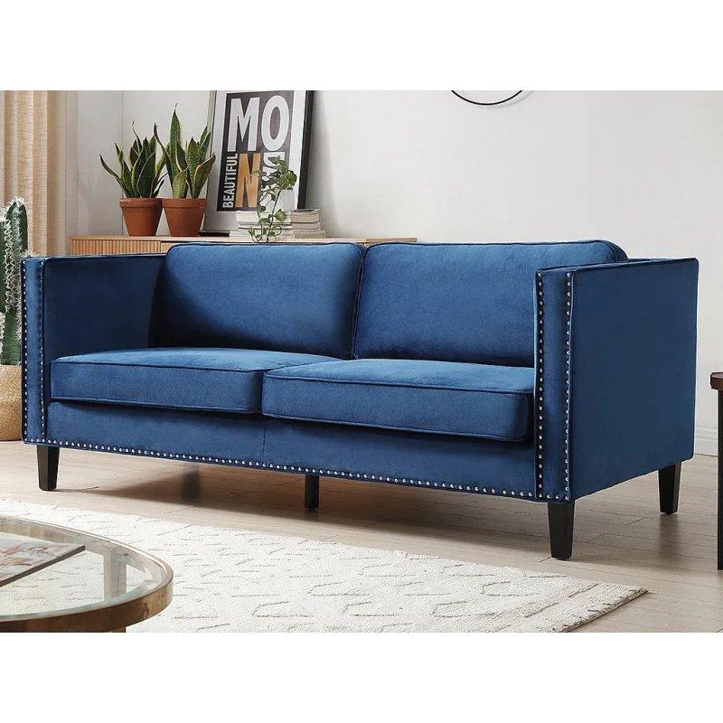 Mavi Kadife Zımba Detaylı Üçlü Koltuk - 196 cm - 155380