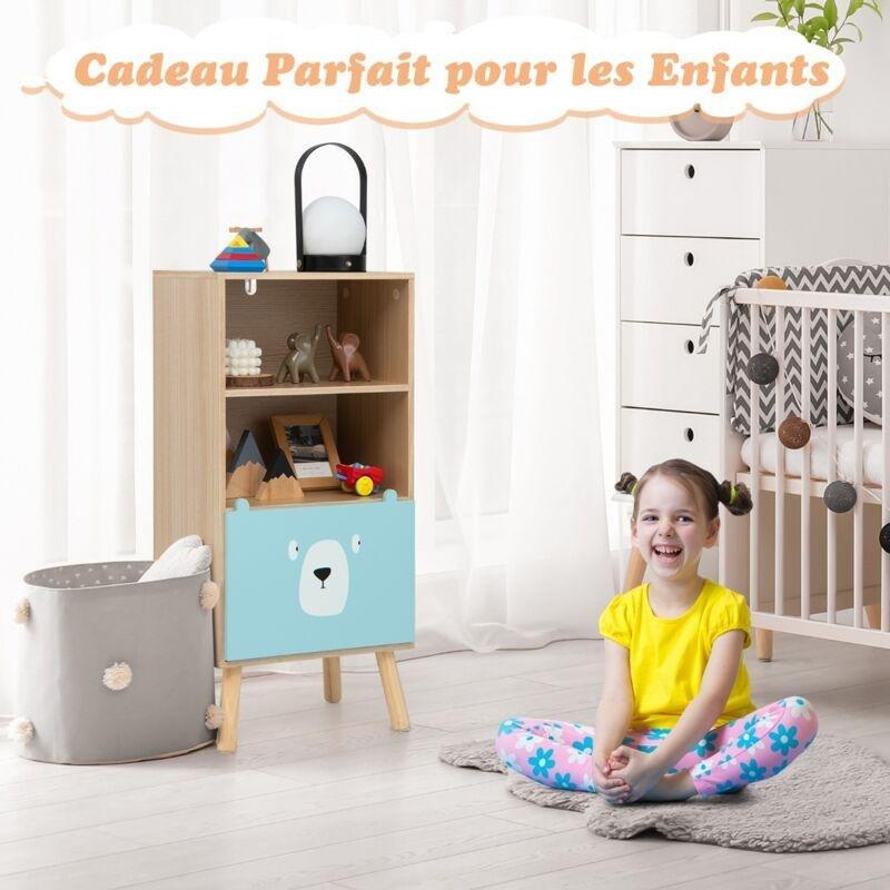 Mavi MDF ve Çam Ayı Figürlü Çekmeceli 3 Katlı Oyuncak Dolabı - 40x29x86 cm - 150653
