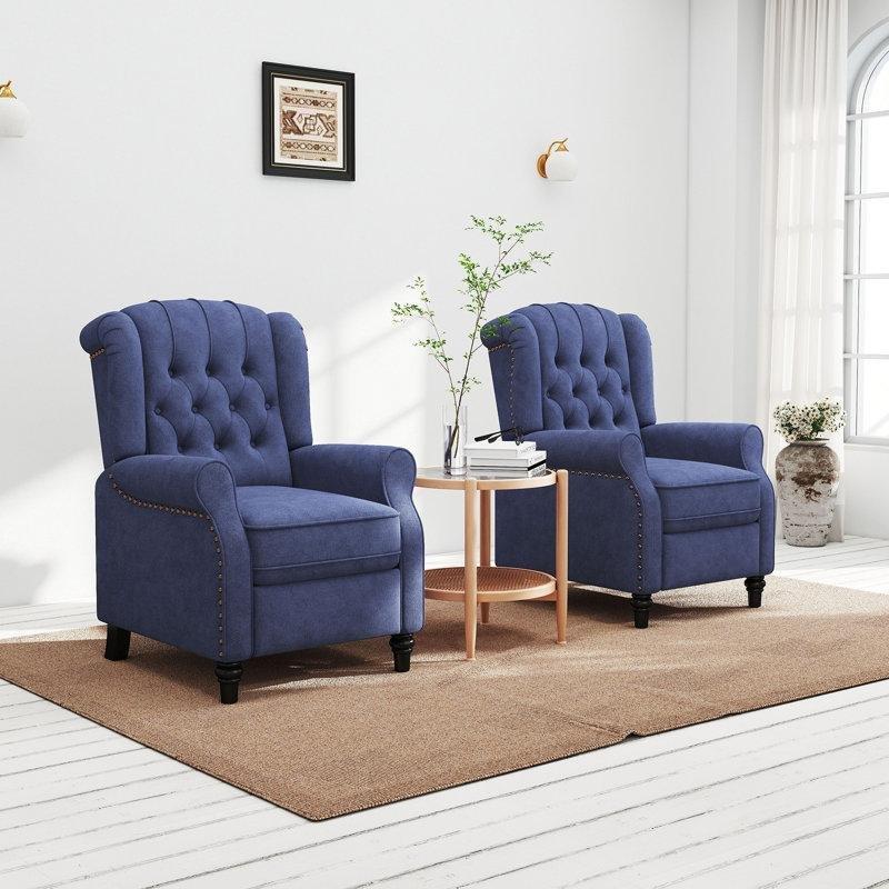 Mavi Mikro Süet Kumaş Zımba Detaylı Geri İtmeli Mekanizmalı TV Koltuğu, 2'li Set - 156442