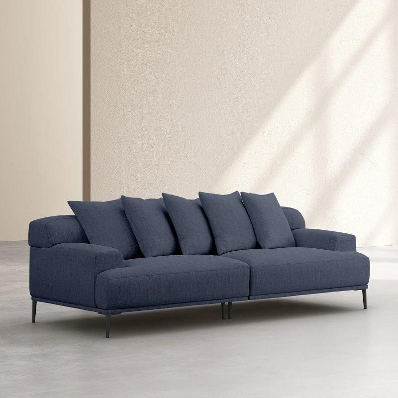 Mavi Pamuk ve Keten Kumaş Tüy Dolgulu 5 Yastıklı Üçlü Koltuk - 234 cm - 155080