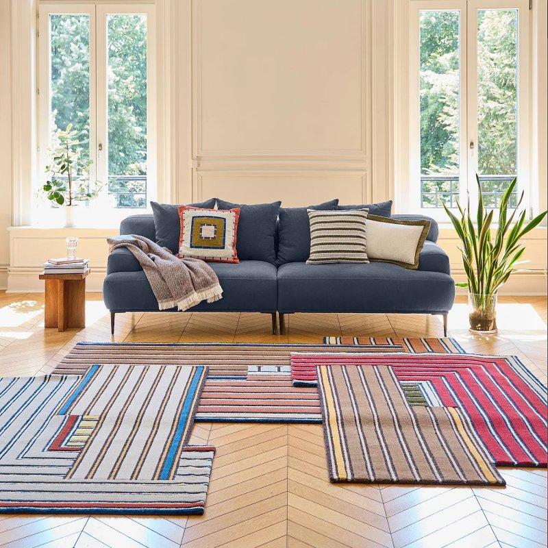 Mavi Pamuk ve Keten Kumaş Tüy Dolgulu 5 Yastıklı Üçlü Koltuk - 234 cm - 155080