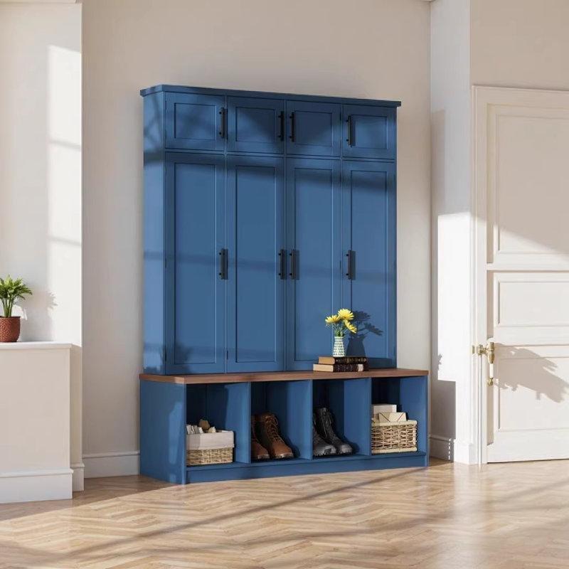 Mavi ve Ceviz MDF Oturaklı 4 Askılı Dalga Desenli Ayakkabı Dolaplı Portmanto Vestiyer - 150 cm - 159553