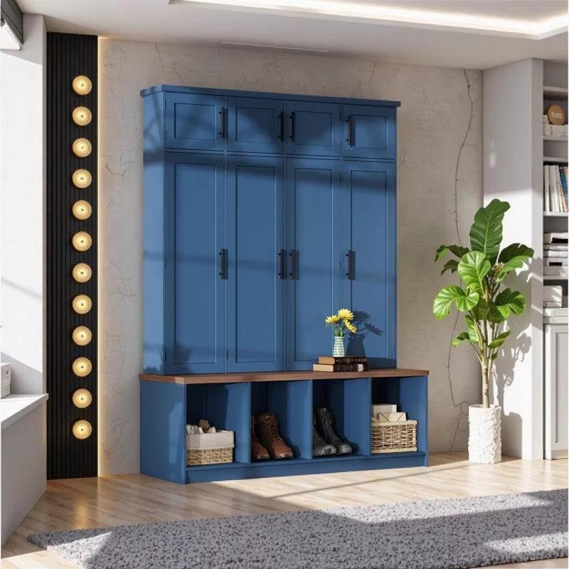 Mavi ve Ceviz MDF Oturaklı 4 Askılı Dalga Desenli Ayakkabı Dolaplı Portmanto Vestiyer - 150 cm - 159553