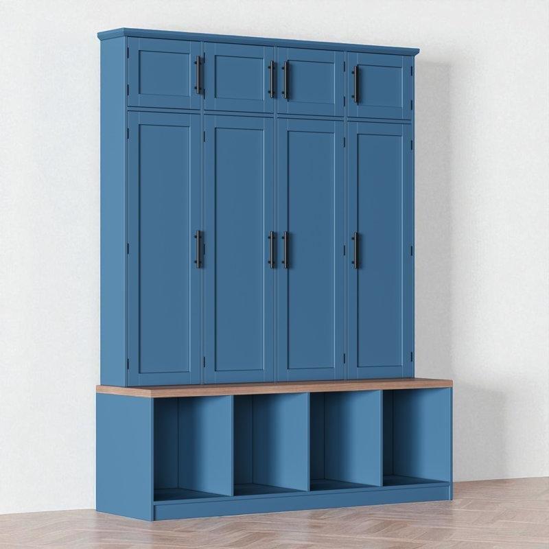 Mavi ve Ceviz MDF Oturaklı Dolaplı Askılı Portmanto Vestiyer - 150 cm - 159580