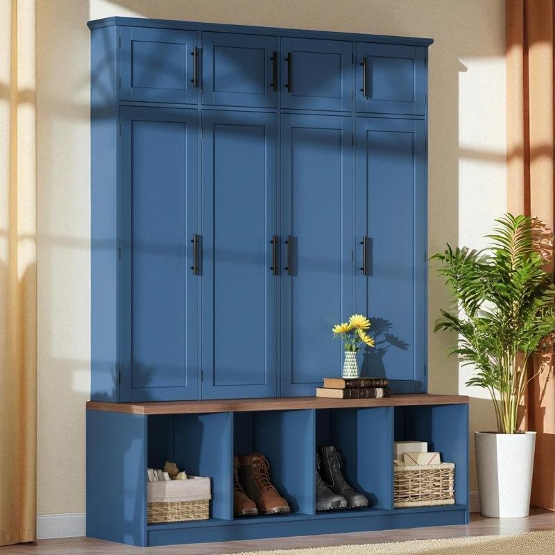 Mavi ve Ceviz MDF Oturaklı Dolaplı Askılı Portmanto Vestiyer - 150 cm - 159580