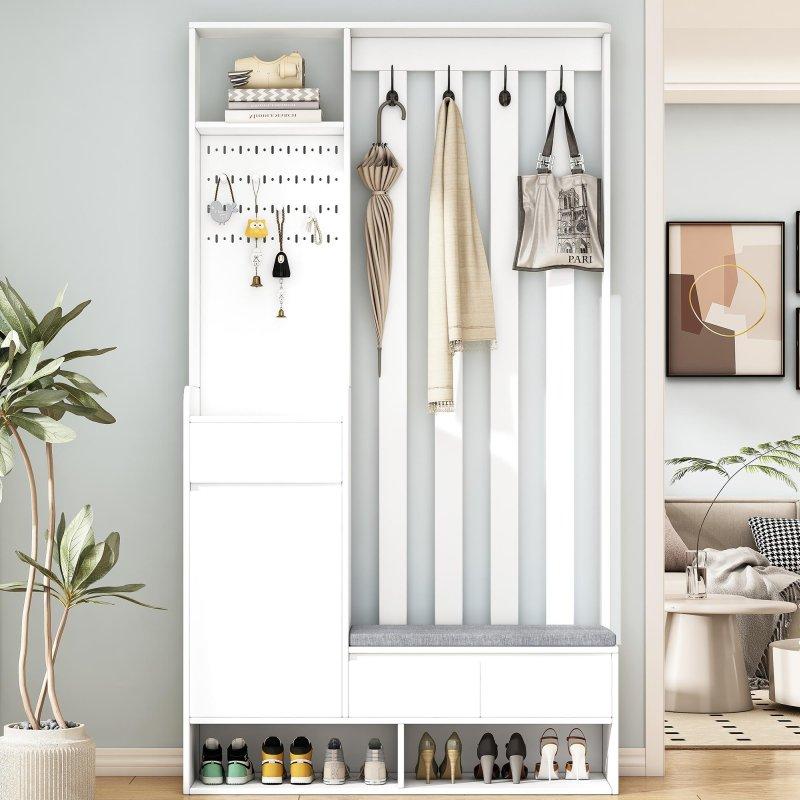 MDF ve Metal Oturaklı Çekmeceli Raflı Portmanto Vestiyer - 100x180 cm - 159373