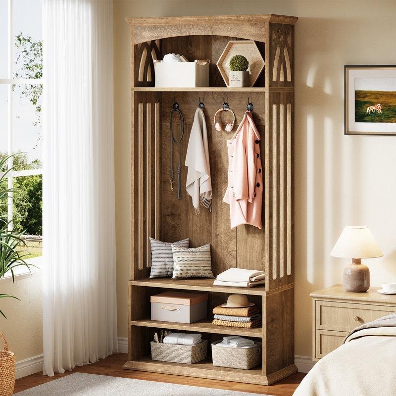 Meşe Kahverengi MDF Oturaklı ve 5 Askılı Ayakkabılıklı Portmanto Vestiyer - 80 cm - 159847