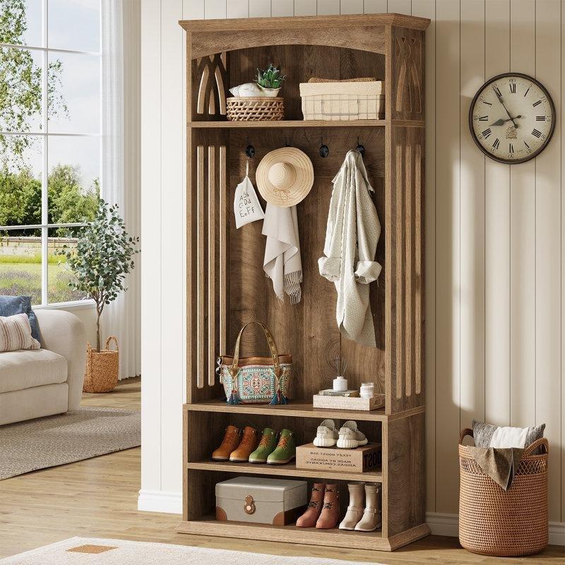Meşe Kahverengi MDF Oturaklı ve 5 Askılı Ayakkabılıklı Portmanto Vestiyer - 80 cm - 159847