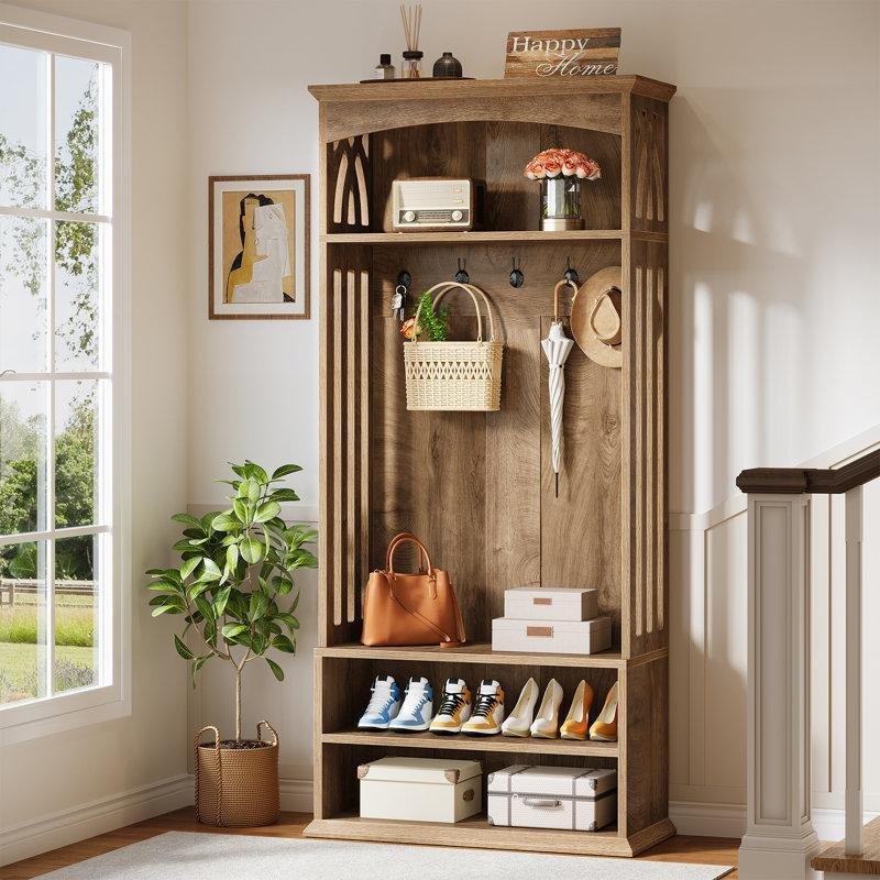 Meşe Kahverengi MDF Oturaklı ve 5 Askılı Ayakkabılıklı Portmanto Vestiyer - 80 cm - 159847