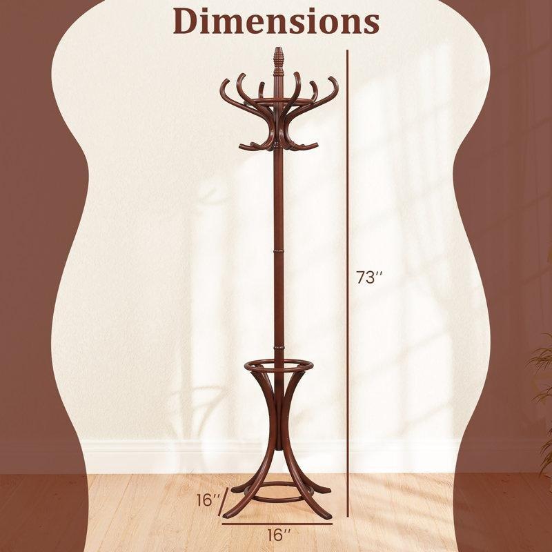 Meşe Masif Ahşap 12 Kancalı Şemsiyelikli Ayaklı Portmanto - 186 cm - 161380