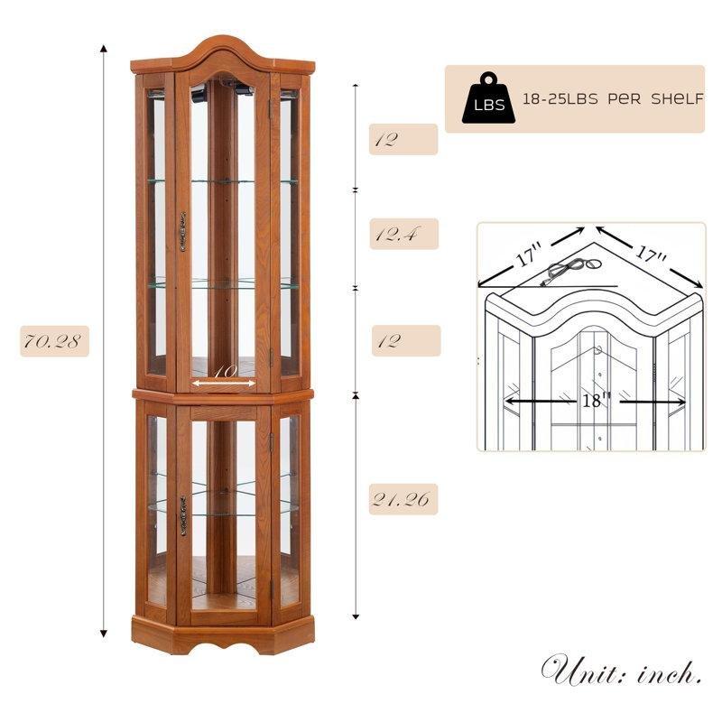 Meşe Rengi Ahşap Kemerli Aydınlatmalı Köşe Vitrin - Gümüşlük, Ayarlanabilir Cam Raflı - 179x46x41 cm - 156946