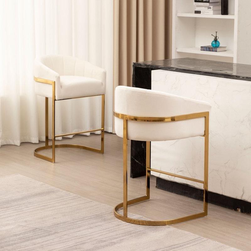 Metal Kadife Kapitoneli Kolçaklı Gold Bar Sandalyesi 2li Set - 69 cm - 148095