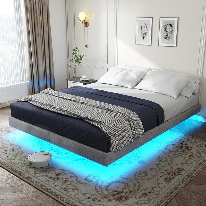 Metal RGB LED Işıklı Yüzen Tasarım Karyola - 160x207 cm - 142375