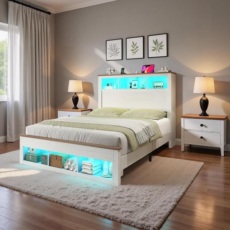 Metal ve Endüstriyel Ahşap LED Işıklı Şarj İstasyonlu Kitaplık Başlıklı Karyola - 155x230 cm - 142405
