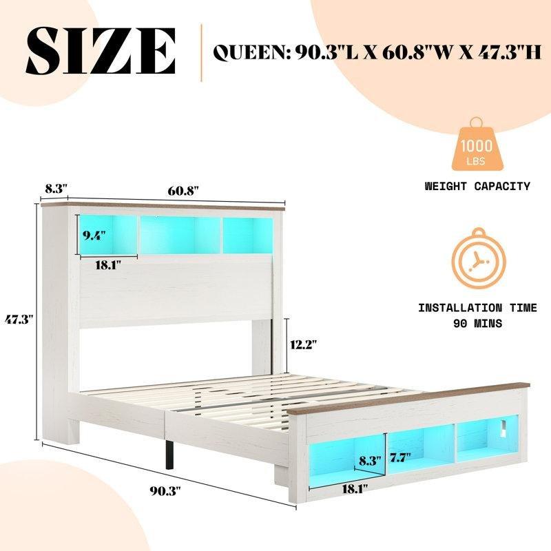 Metal ve Endüstriyel Ahşap LED Işıklı Şarj İstasyonlu Kitaplık Başlıklı Karyola - 155x230 cm - 142405