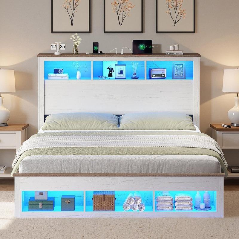 Metal ve Endüstriyel Ahşap LED Işıklı Şarj İstasyonlu Kitaplık Başlıklı Karyola - 155x230 cm - 142405