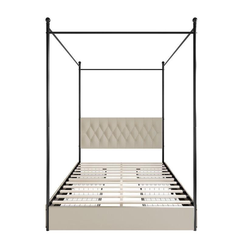Metal ve Polyester Döşemeli 4 Çekmeceli Düğme Detaylı Cibinlikli Karyola - 157x218 cm - 142423