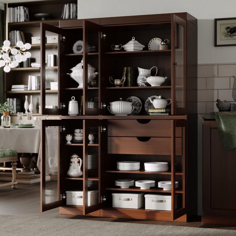 Moka Masif Çam 6 Cam Kapaklı 2 Çekmeceli Ayarlanabilir Raflı Vitrin Gümüşlük - 124 cm - 157255