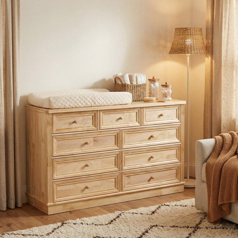Natural Masif Çam Ahşap 9 Çekmeceli Çıkarılabilir Üst Tablalı Alt Değiştirme Masası Şifonyer - 136 cm - 163030