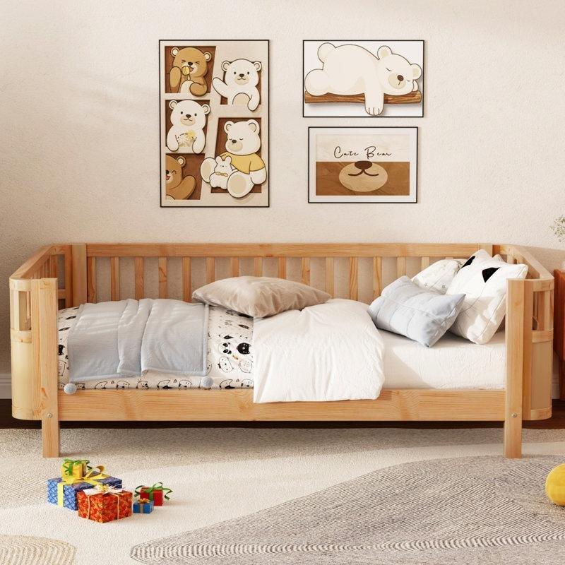 Naturel Ahşap Korkuluklu Alçak Çocuk Karyola - 142921