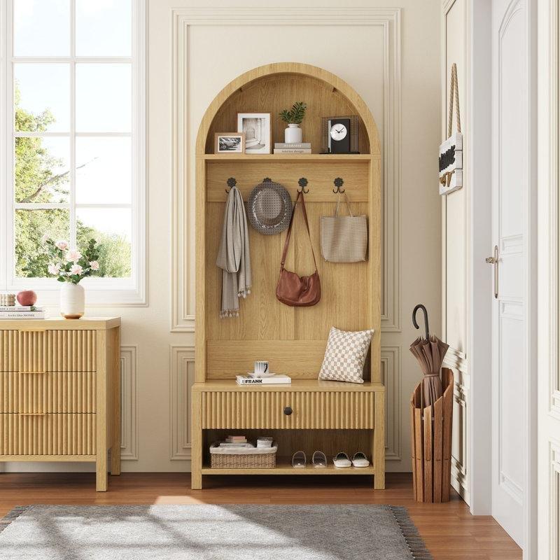 Naturel MDF Oturaklı ve Çekmeceli Kemerli Portmanto Vestiyer - 81 cm - 159517