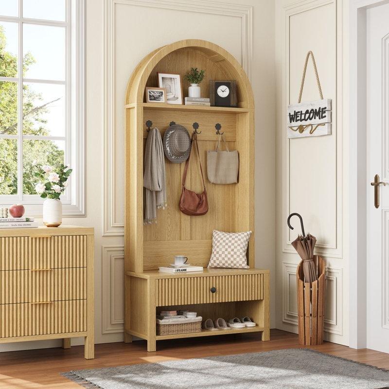 Naturel MDF Oturaklı ve Çekmeceli Kemerli Portmanto Vestiyer - 81 cm - 159517