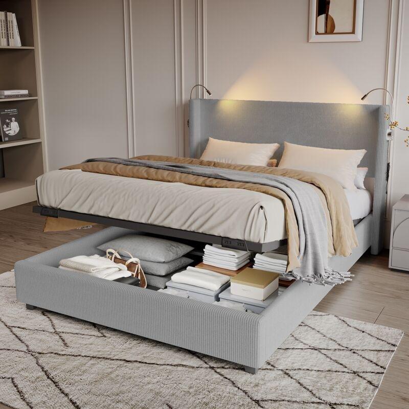 Okuma Lambalı Gri Fitilli Kadife Hidrolik Sandıklı Baza - 140x190 cm - 144033