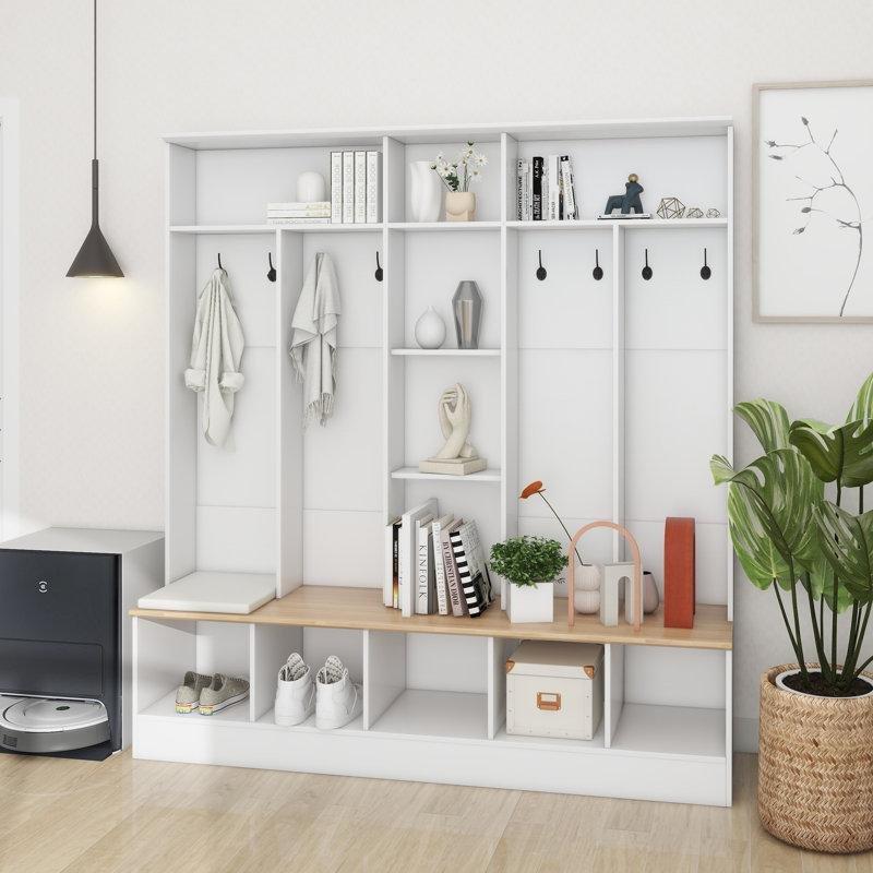 Oturaklı Raflı Askılı Ahşap Portmanto Vestiyer - 170 cm - 159775