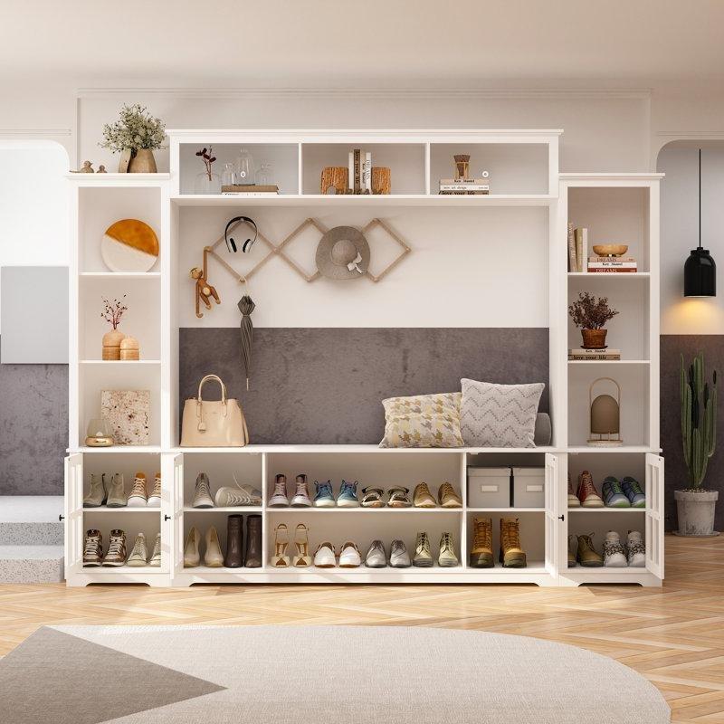 Oturaklı ve Cam Kapaklı Çok Raflı Masif ve MDF Ahşap Portmanto Vestiyer - 260 cm - 159514