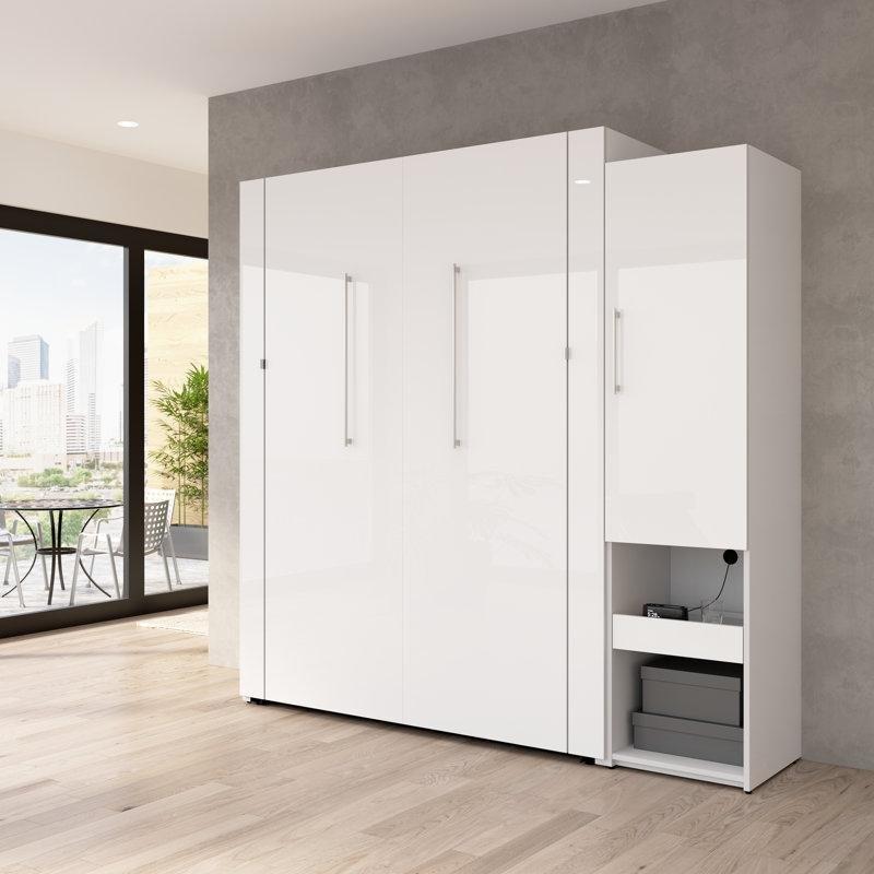 Parlak Beyaz LED Aydınlatmalı ve Saklama Dolaplı Duvar Yatağı - 220 cm - 144399