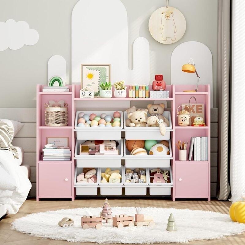 Pembe Ahşap 8 Çıkarılabilir Kutulu ve Raflı Oyuncak Dolabı - 139x95 cm - 150656