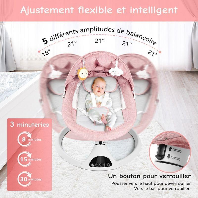 Pembe Alüminyum Alaşım ve Demir Uzaktan Kumandalı 5 Kademeli Bluetooth Müzikli Ana Kucağı Beşik - 61x61x72 cm - 162388