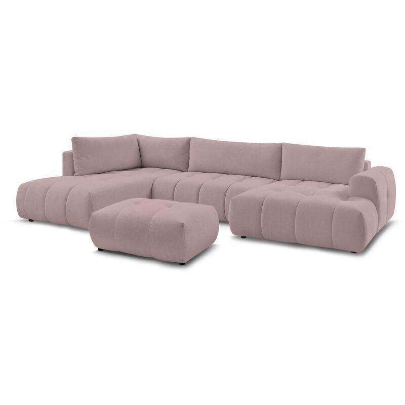 Pembe Düz Kumaş Yataklı Sandıklı Puflu Panoramik Köşe Koltuk Takımı - 377x204 cm - 152045