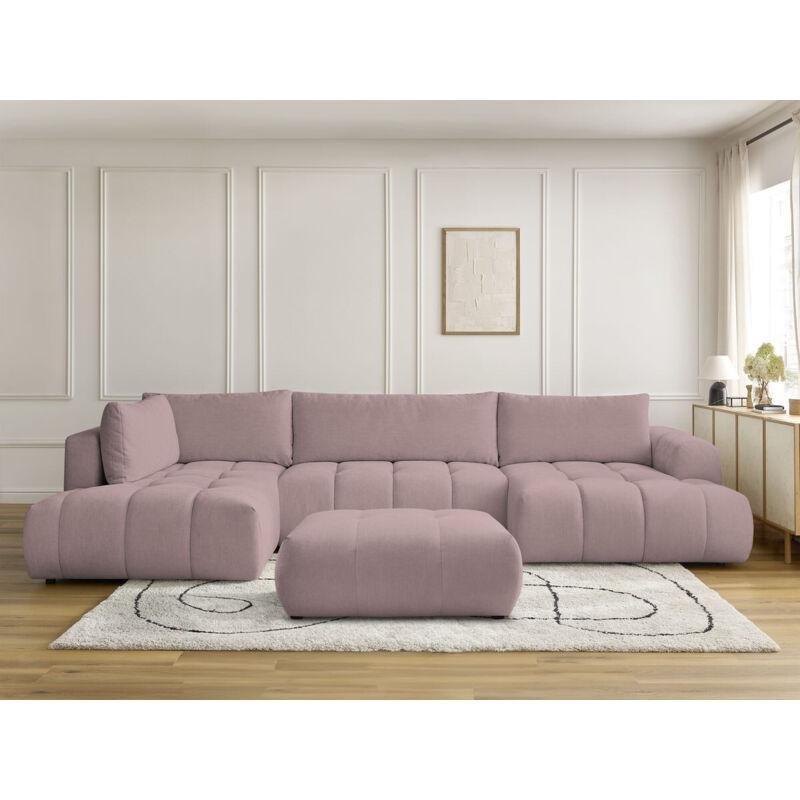 Pembe Düz Kumaş Yataklı Sandıklı Puflu Panoramik Köşe Koltuk Takımı - 377x204 cm - 152045