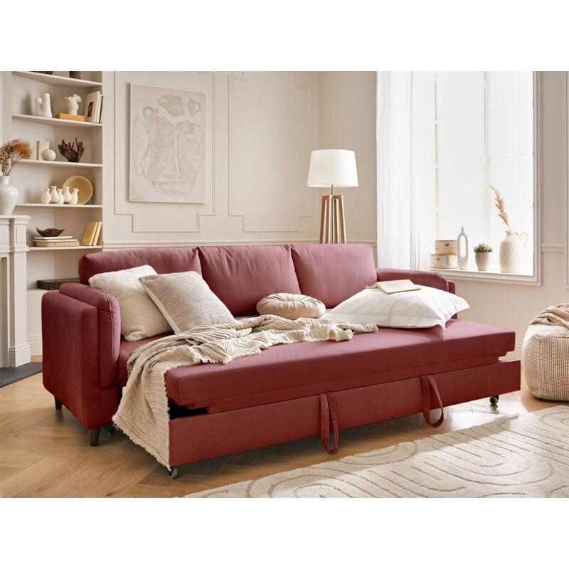 Pembe Kadife Ahşap Ayaklı Yataklı 3 Kişilik Koltuk - 230 cm - 152212