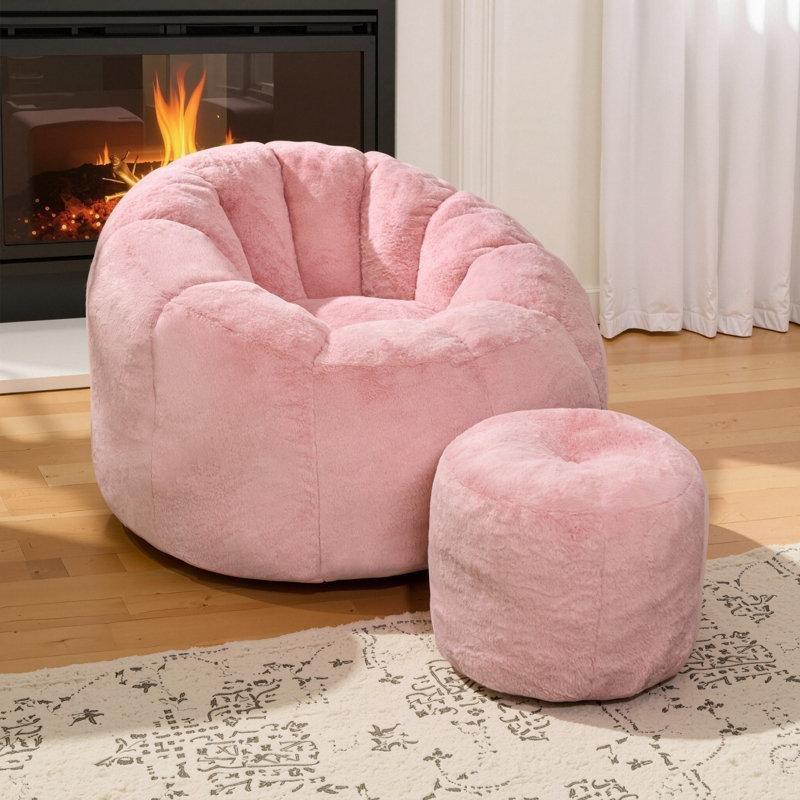Pembe Kadife Balkabağı Tasarımlı Puflu Puf Koltuk - 108x106 cm - 157567
