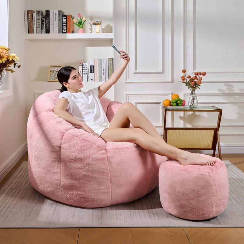 Pembe Kadife Balkabağı Tasarımlı Puflu Puf Koltuk - 108x106 cm - 157567