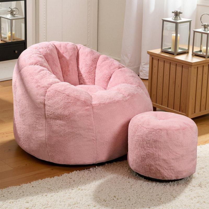 Pembe Kadife Balkabağı Tasarımlı Puflu Puf Koltuk - 108x106 cm - 157567