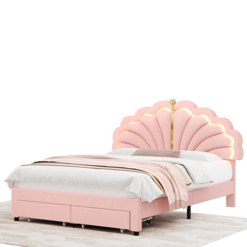 Pembe Kadife Döşemeli LED Işıklı Çekmeceli Gold Detaylı Karyola - 160x200 cm - 142942