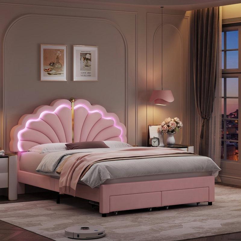 Pembe Kadife Döşemeli LED Işıklı Çekmeceli Gold Detaylı Karyola - 160x200 cm - 142942