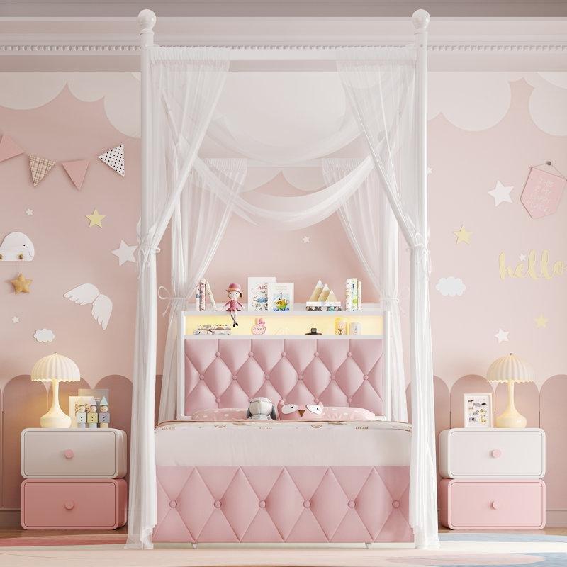 Pembe Kadife Döşemeli LED Işıklı ve USB Şarjlı Cibinlikli Çocuk Karyolası - 142972