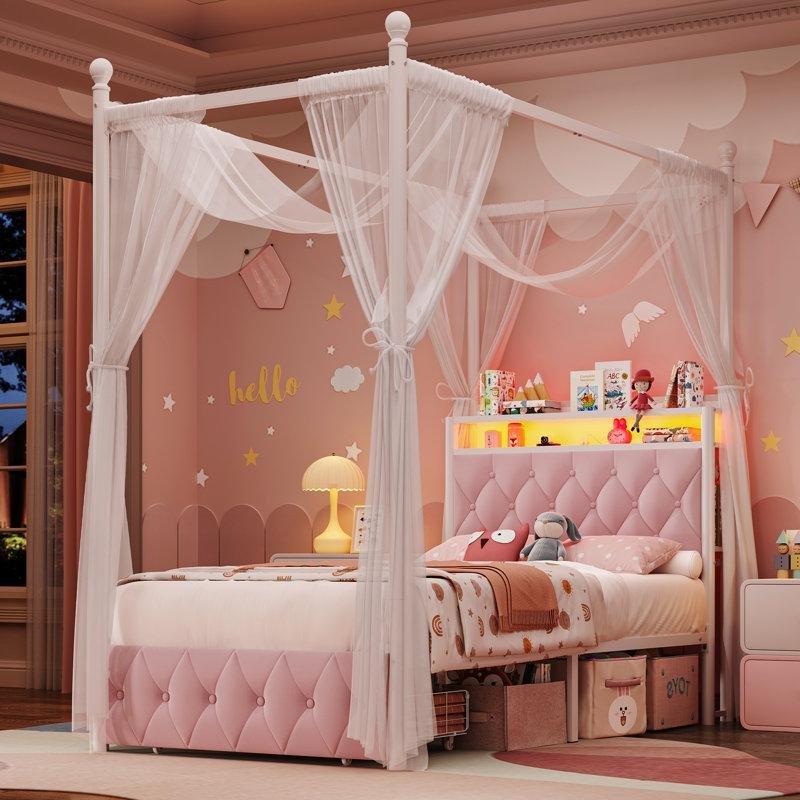 Pembe Kadife Döşemeli LED Işıklı ve USB Şarjlı Cibinlikli Çocuk Karyolası - 142972
