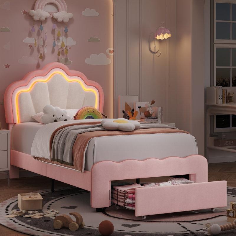 Pembe Kadife Kumaş LED Işıklı Çiçek Başlıklı Çekmeceli Çocuk Karyolası - 143041