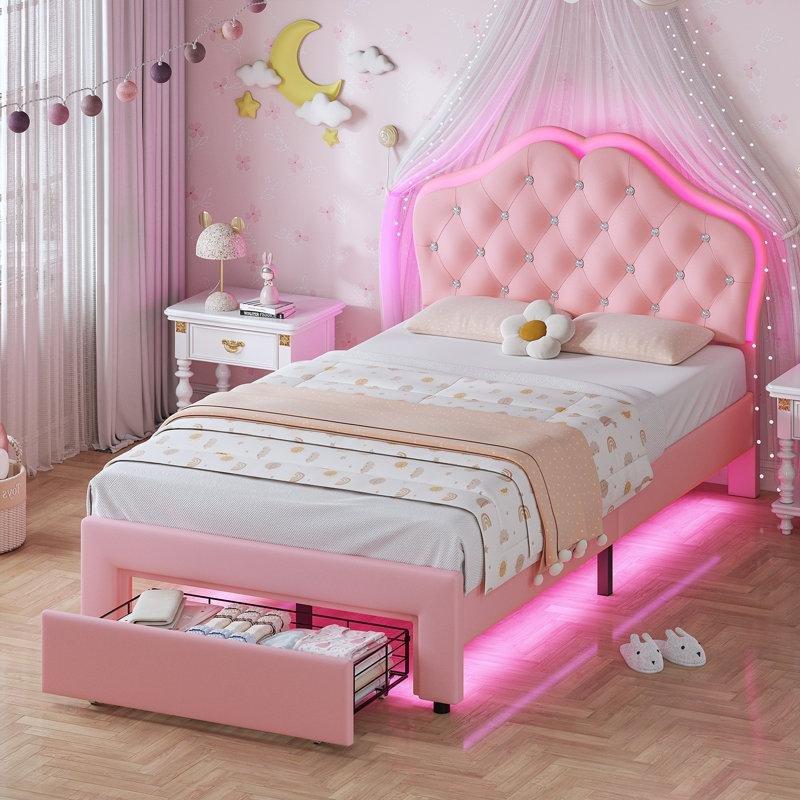 Pembe Kadife Kumaş LED Işıklı ve Çekmeceli Prenses Karyola - 101x194 cm - 143044