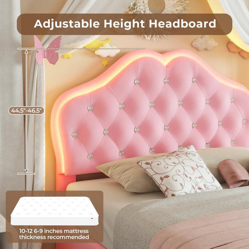 Pembe Kadife Kumaş LED Işıklı ve Çekmeceli Prenses Karyola - 101x194 cm - 143044