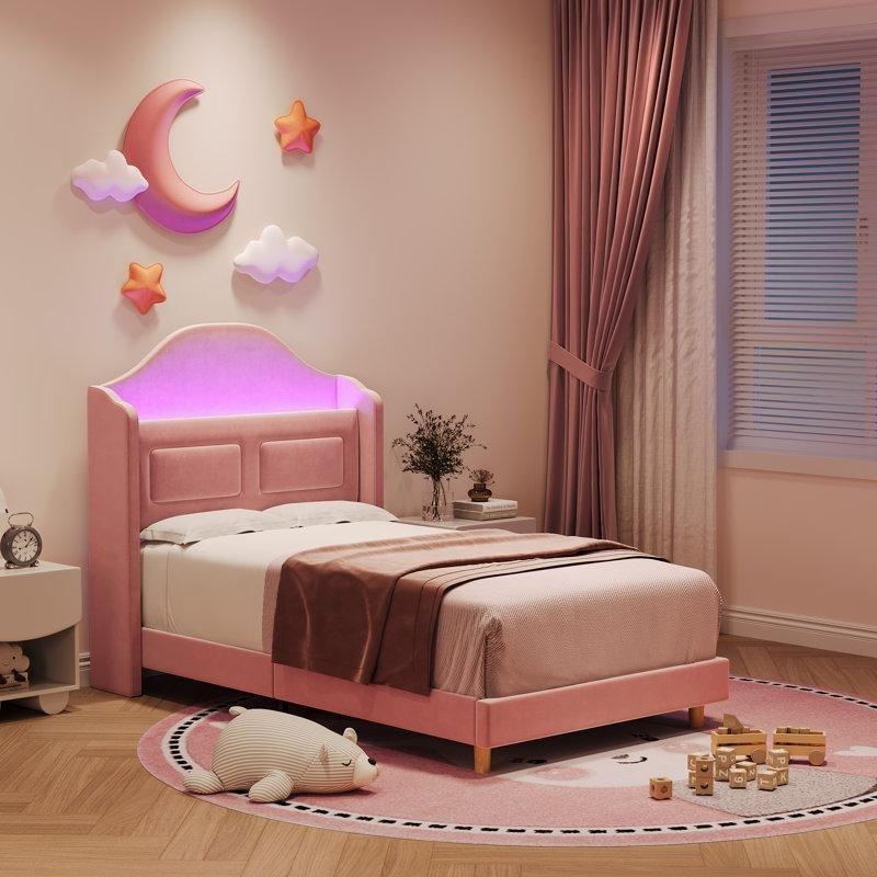 Pembe Kadife LED Işıklı Depolama Başlıklı Kanatlı Metal Karyola - 142948
